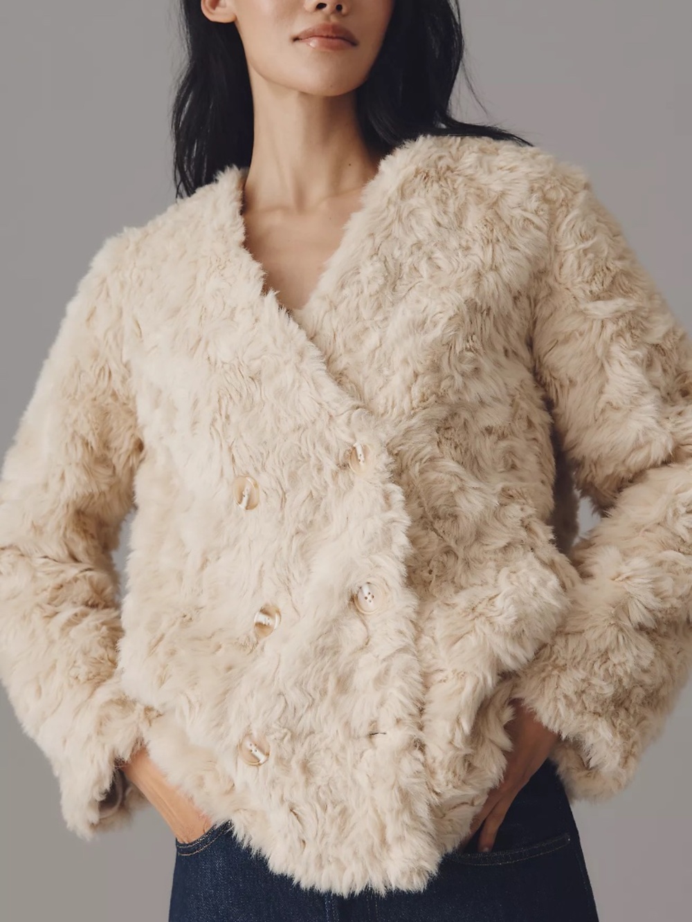 Anthropologie Maeve Faux Fur Collarless Double-Breasted Jacket in Natural M nwt